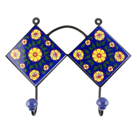 Navy Blue And Yellow Flower Ceramic Tiles Hook